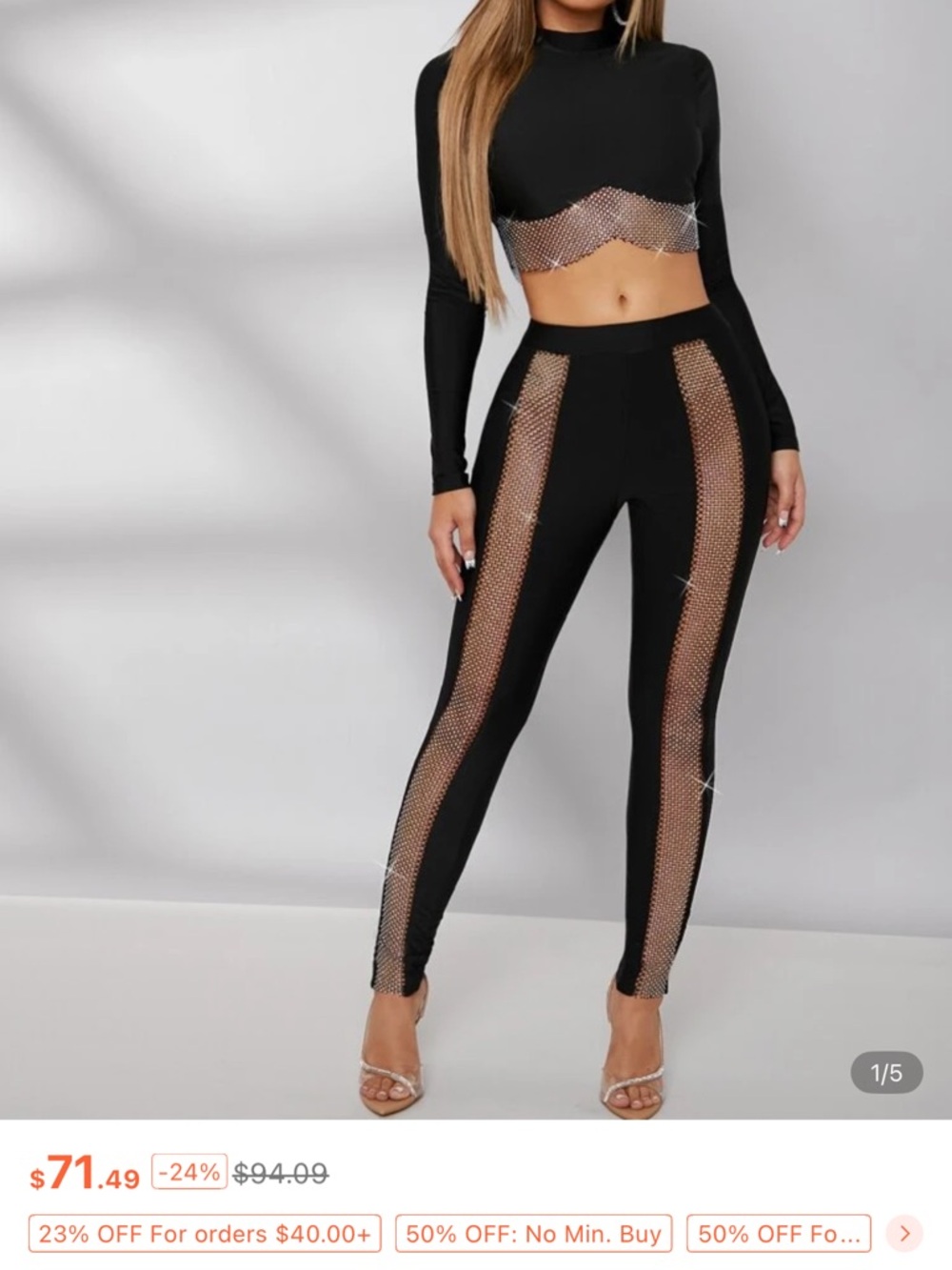 Rhinestone Mesh Inset High-Waist Leggings - Black